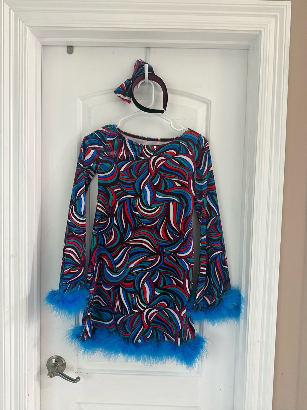 Weissman Multicolor Swirl Dress with Blue Feather Trim and Headband